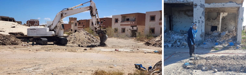 An armoured digger scoops rubble and a deminer in PPE uses a rake on the ground