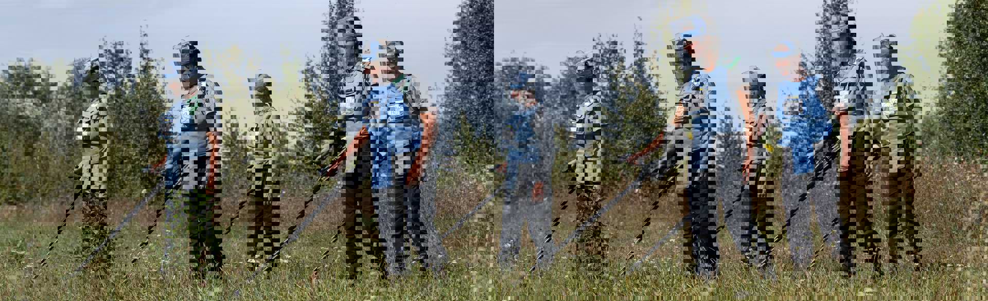 Група демінерів проводить пошук вибухонебезпечних предметів на поверхні грунту за допомогою детекторів