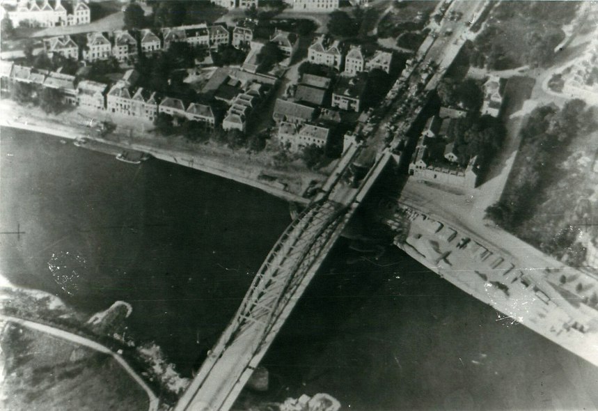 Aerial view of the bridge over The Neder Rijn, Arnhem, taken during World War Two