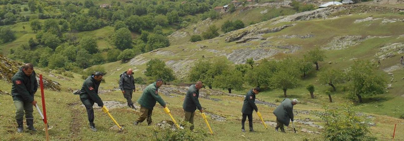 A group of HALO Trust staff use detectors to identify landmines on the side of a grassy hill in Nagorno Karabakh
