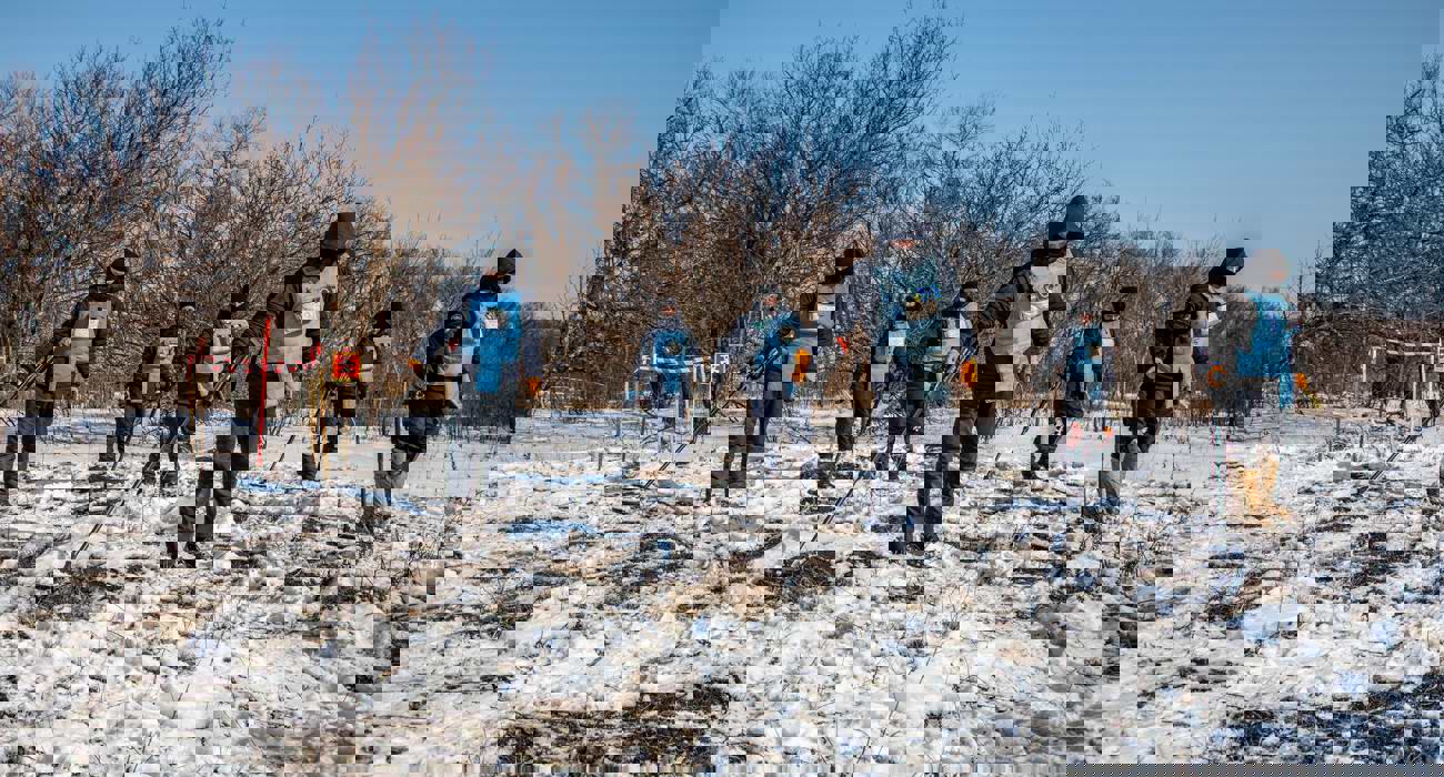 Демінери з ручними детекторами перевіряють наявність сигналів на поверхні грунта взимку