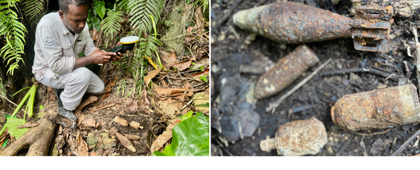 Collage of HALO's survey team member holding a device on the left and explosive items pictured on the right