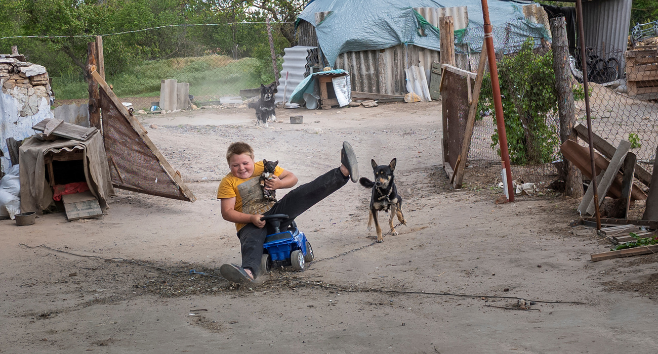 Хлопець мчить з гори на машинці разом зі своїми собаками
