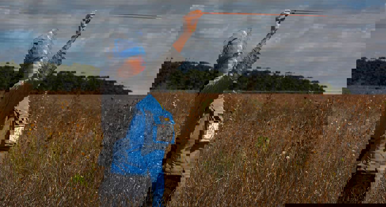 Демінерка в полі проводить пошук розтяжок щупом стоячи в повний зріст